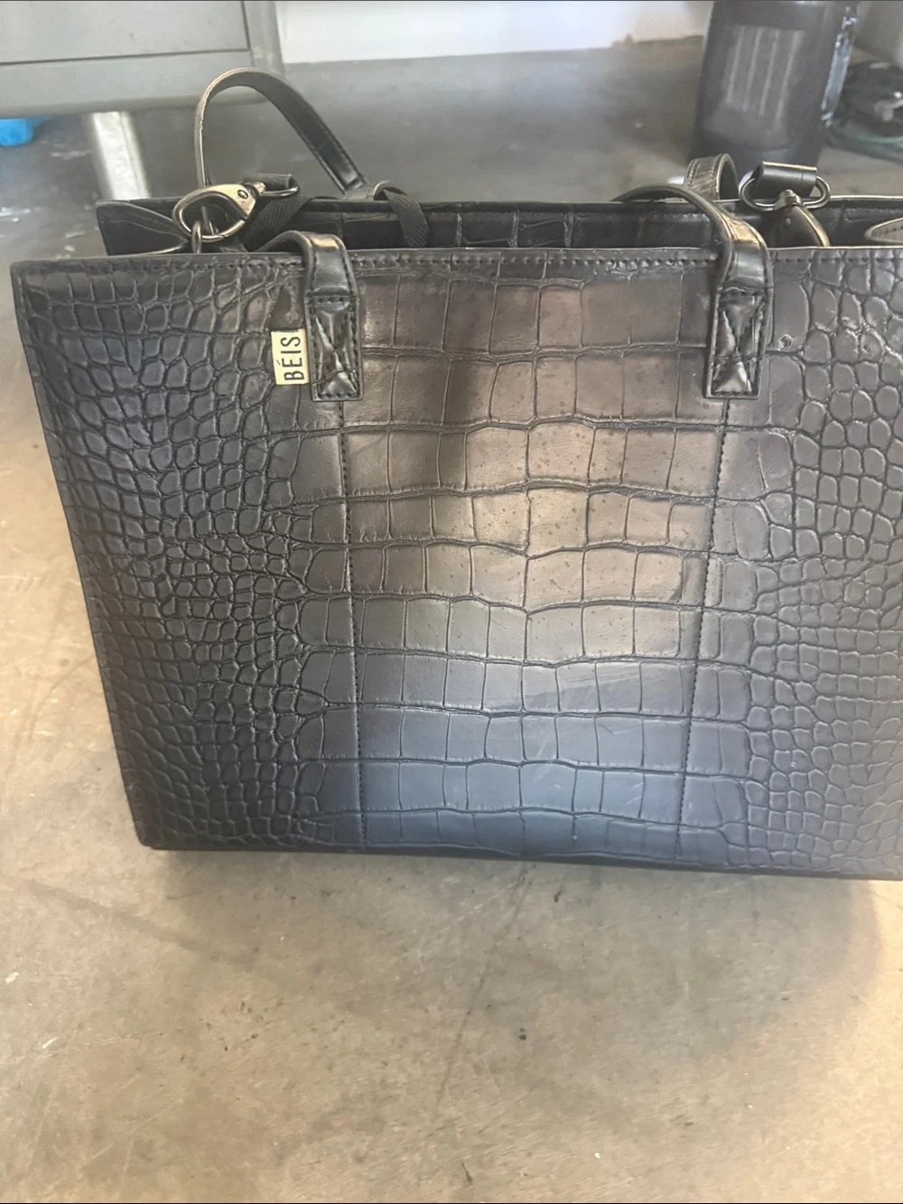 BEIS Black Croc-Embossed Laptop Tote with Detachable Padded Strap